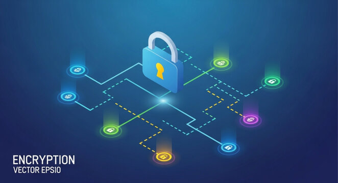 Isometric Encryption Concept - Padlock Securing Digital Network Connections.