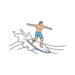 Fototapeta premium Man surfing on surfboard, riding ocean wave with water splash, summer sport, vector illustration