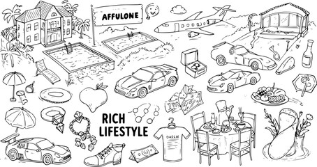 Fototapeta premium Black and White Hand-drawn Line Art of Rich Lifestyle Elements and Luxury Symbols, featuring Wealth, Success, and Affluence Concepts in Doodle Style.