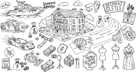 Naklejka premium Luxury Lifestyle Black and White Line Art Vector: Yacht, Mansions, Sports Cars, Money, Fashion