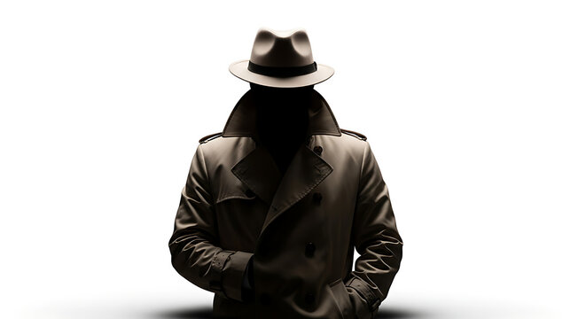 Mysterious figure in a trench coat and fedora hat, shrouded in shadow, representing espionage and secrets.