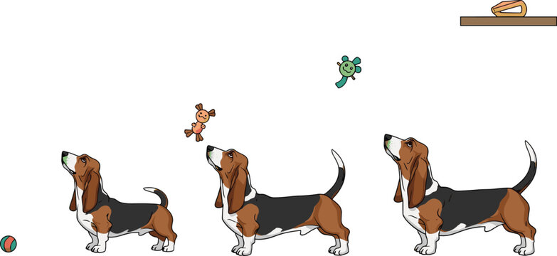 Basset Hound Vector Illustration Set Showing Dogs Playing with Balls, Stuffed Toys, and Chew Items, Adorable Long-Eared Breed Poses Isolated on White Background for Pet, Animal, and Dog Lover Designs