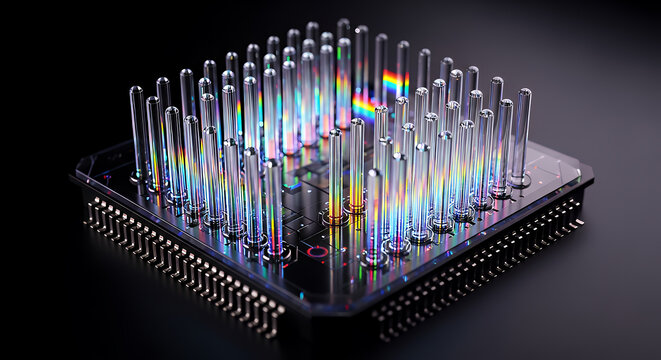 A digital illustration of fiber optic cables and computer network servers glows with light spots and an equalizer wave design over a blue city technology background