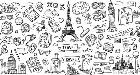 Obraz premium Black and White Hand Drawn Line Art Travel Doodles Set. Tourism Icons, World Landmarks, and Vacation Accessories Collection.