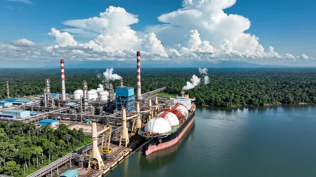 Lng tanker docked at industrial facility loading liquefied natural gas with smoke rising from stacks 4k video