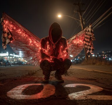 Individual wearing illuminated wings and checkered flags crouches on a road marked with the number 02 at night, city lights visible in the background