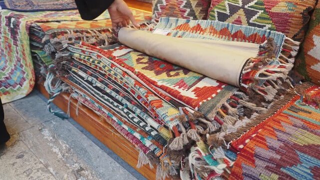 Woman hand touching colorful handmade woven kilim rugs at local market stall in slow motion.