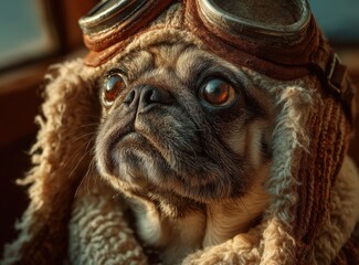 Naklejka premium Pug dog wearing vintage aviator goggles and a fluffy pilot jacket, gazing thoughtfully with a soft focus background of warm tones and natural light