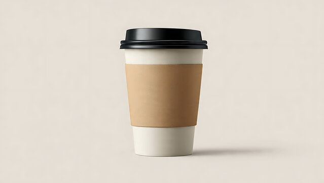 A single disposable coffee cup with a black lid and a brown cardboard sleeve, isolated on a neutral background.