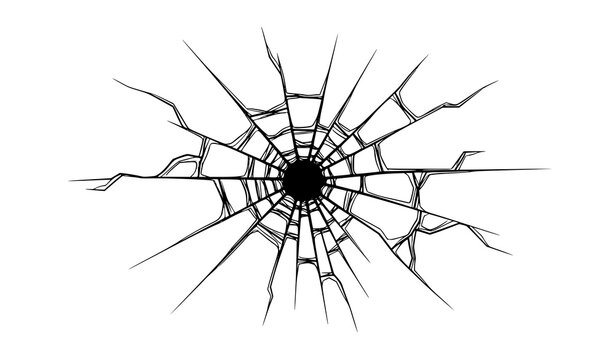 Cracked glass with center hole radial fracture impact damage black and white vector illustration