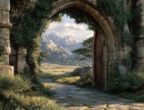 Stone archway covered in ivy leading to an open field with mountains in the background, showcasing a natural landscape with lush greenery and a serene atmosphere