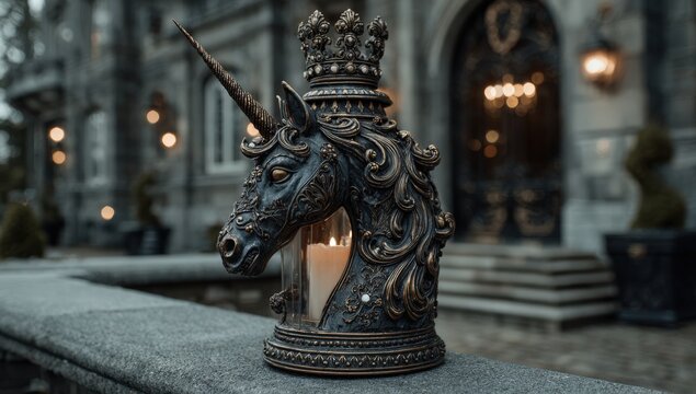 Victorian style unicorn lantern with ornate metal horn and candle holder, set against a grand architectural backdrop featuring stone walls and decorative elements