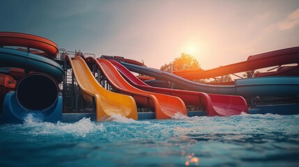 Fototapeta premium Sunset bathes vibrant water slides in warm glow
