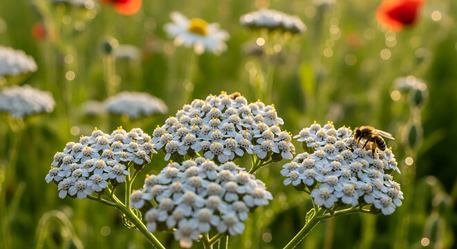 Close-up of white yarrow flowers with a bee foraging, surrounded by a vibrant meadow of green grass, red poppies, and white daisies under warm sunlight.