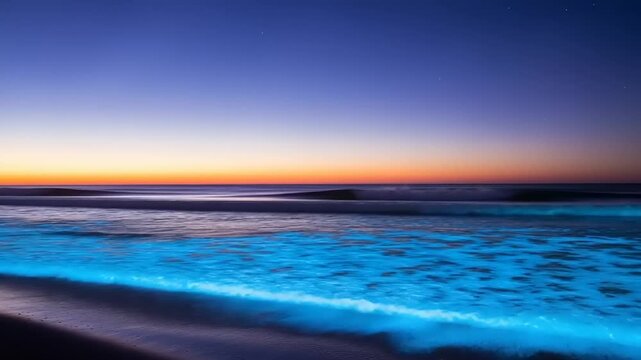 Glowing Blue Waves at Sunset on Beach.