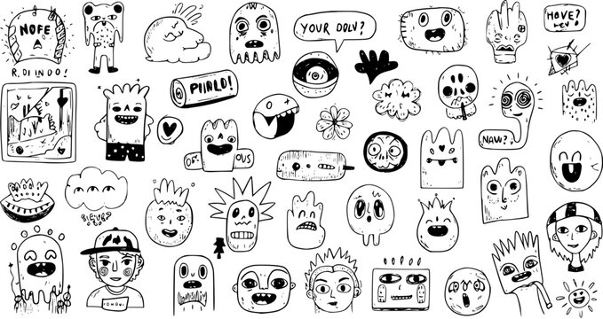 Doodle Monsters and Characters in Black and White Line Art Style, Vector Pack
