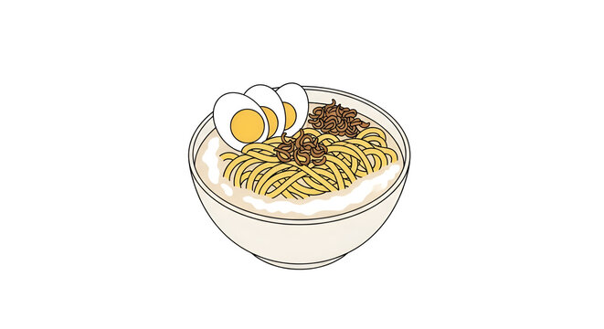 Bowl of Filipino lomi noodles topped with sliced boiled eggs and crispy garlic cartoon vector style on a clean white backdrop