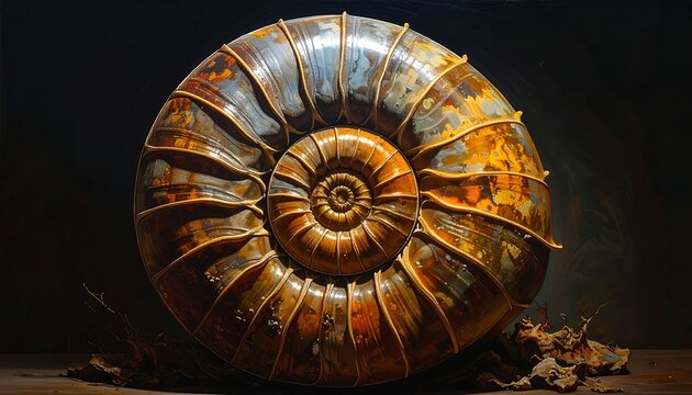 A large, metallic ammonite fossil with a spiral shell