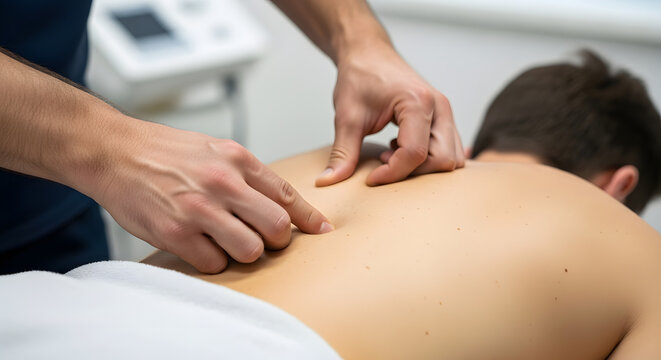 Close Up Professional Massage Therapy Trigger Point Back Pain Relief Concept