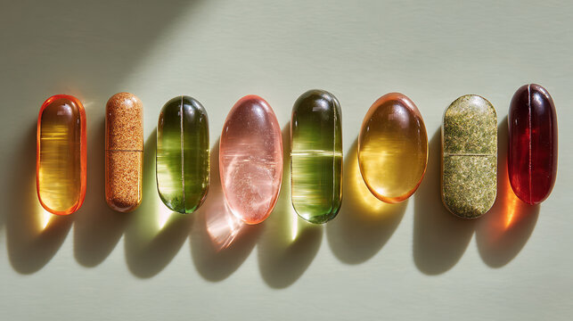 Vitamins and Supplements Spectrum: A vibrant collection of colorful pills and capsules showcase essential vitamins and supplements, emphasizing health and wellness.