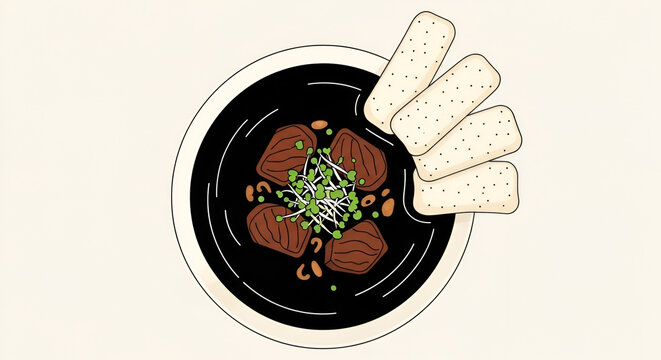 Bowl of hearty callos stew with tender beef tripe and chorizo garnished with sprouts and served with crackers on beige background