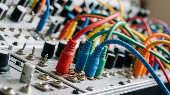Modular synthesizer patch bay with tangled colorful audio cords