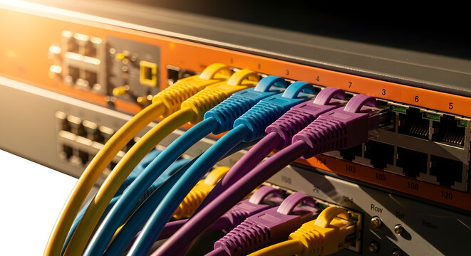 Colorful ethernet cables connected to a network switch with multiple ports and wires