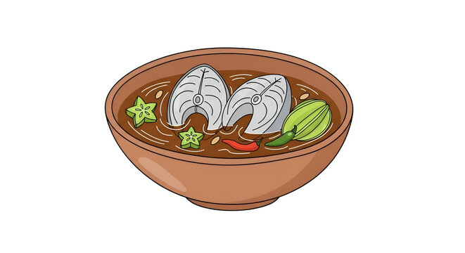 Bowl of sinigang dish with milkfish starfruit radish chili peppers and beans a traditional Filipino sour and savory soup illustration