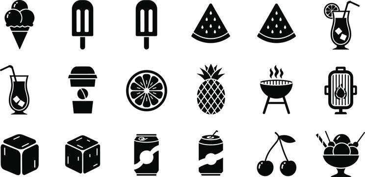 Black vector icon set featuring summer food and drinks including ice cream popsicles watermelon slices cocktails pineapple barbecue and cherries.