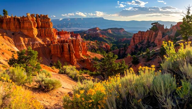 Bryce Canyon National Park Landscape with Hoodoos, Forest and Mountains at Sunset