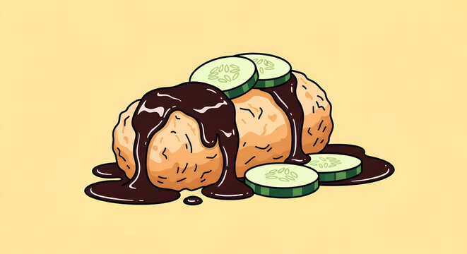 Cartoon illustration of Indonesian traditional food pempek with dark sauce and sliced cucumber on a beige background in vector style