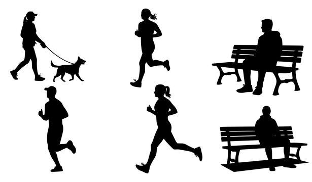 Active Lifestyle and Outdoor Silhouette Set Featuring Walking Dog, Running People, Park Bench Sitting, and Urban Fitness Activities for Health and Recreation Design
