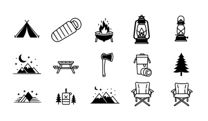 Camping and Outdoor Adventure Icon Set Featuring Tent, Campfire, Lantern, Sleeping Bag, Axe, Chair, Mountains, and Nature Symbols for Travel and Exploration Design © MD SHAHAG ISLAM
