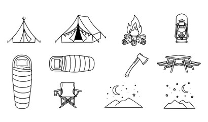 Fototapeta premium Camping and Outdoor Adventure Line Icon Set Featuring Tent, Campfire, Sleeping Bag, Lantern, Axe, Chair, Table, and Night Landscape Symbols for Travel and Nature Design