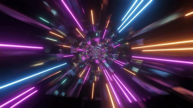 Vibrant neon lights radiating outward in space.