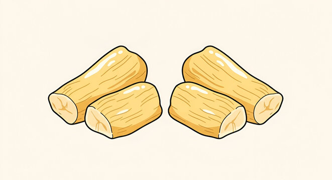 Cartoon style illustration of cassava root pieces; tan colored root vegetable with light brown lines on a beige background; fresh raw sliced yucca