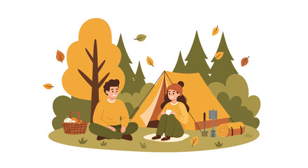 Naklejka premium Couple camping in autumn forest with tent and picnic basket, enjoying nature