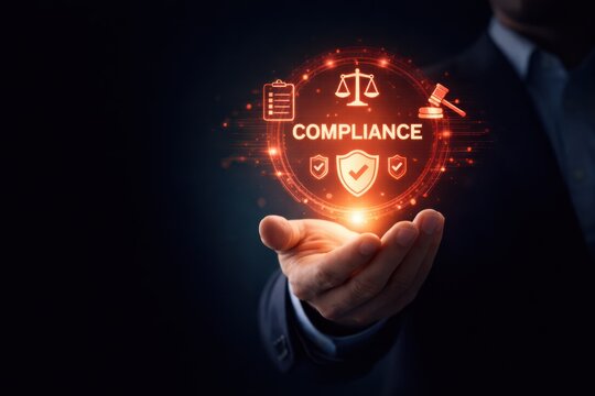 Compliance and Regulatory Concept with Shield, Legal Icons, and Digital Security  