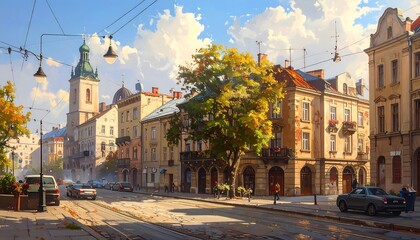 Obraz premium Charming European Cityscape Painting with Historic Architecture and Urban Life