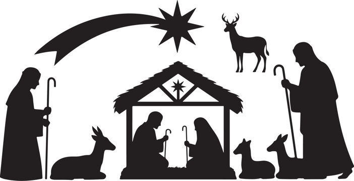 Nativity scene silhouette with star and animals in black
