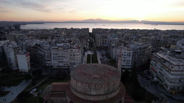 Aerial view moving away from the rotunda of galerius and dimitriou gounari street in thessaloniki