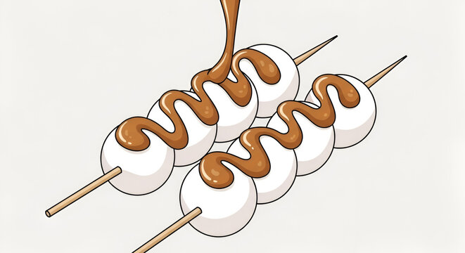 Dango mochi skewers drizzled with sweet mitarashi sauce in cartoon style; Japanese dessert with shiny brown glaze on white rice dumplings