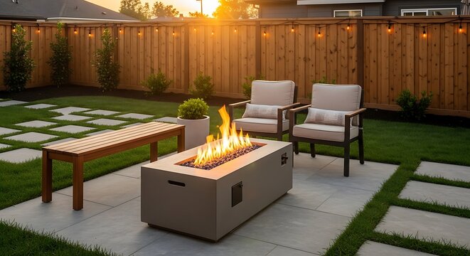 Outdoor patio with fire pit, seating, wooden fence, and sunset backdrop