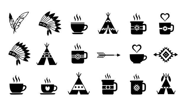 Boho and Tribal Lifestyle Icon Set Featuring Feathers, Teepee Tents, Coffee Cups, Arrows, and Ethnic Symbols for Hippie, Nomadic, and Bohemian Design