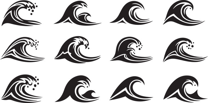Set of black wave icons on white background vector graphics