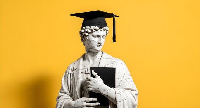 Graduate statue wearing academic regalia holds book on yellow background