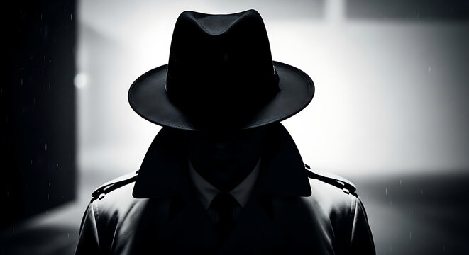Mysterious figure in a fedora hat and trench coat, shrouded in shadow, evoking a sense of intrigue and espionage.