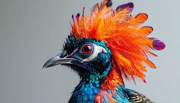 Close-up portrait of a majestic, colorful Himalayan Monal bird with vibrant orange and purple crest feathers against a neutral background