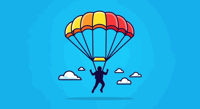 Person jumping with colorful parachute.