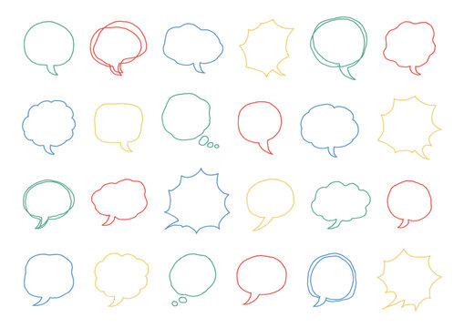 シンプル・もこもこ・ギザギザなど様々な形をした明るい色合いの手描きの吹き出しセット（背景あり）